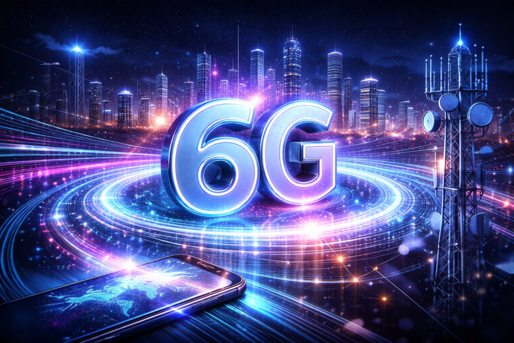 भविष्य की 6G नेटवर्क टेक्नोलॉजी को दर्शाता डिजिटल दृश्य, जिसमें हाई-स्पीड डेटा स्ट्रीम और आधुनिक सिटी बैकग्राउंड दिखाई दे रहा है।