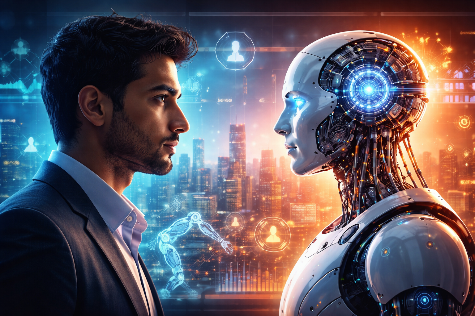 Human vs AI futuristic concept showing impact of Artificial Intelligence 2026