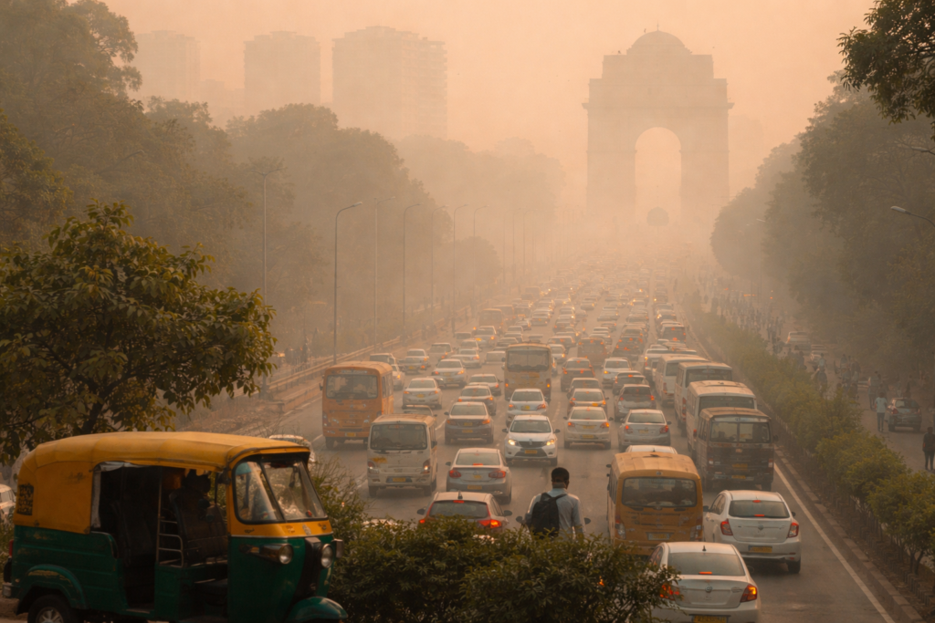 दिल्ली-NCR में स्मॉग से ढकी सड़क पर भारी ट्रैफिक और पृष्ठभूमि में इंडिया गेट, वायु प्रदूषण की गंभीर स्थिति दर्शाता दृश्य