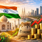 India economic growth 2026 concept with Indian flag, Taj Mahal, Mumbai skyline, rising stock market arrow and gold coins showing India becoming the world’s third largest economy and strong GDP growth.