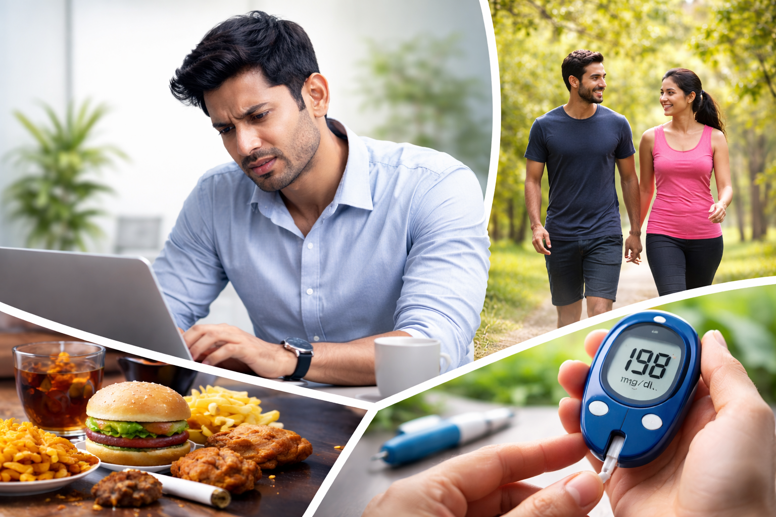 ऑफिस में लैपटॉप पर काम करता थका हुआ व्यक्ति, सामने जंक फूड और ग्लूकोमीटर से ब्लड शुगर चेक करते हाथ की तस्वीर, जो लाइफस्टाइल से जुड़ी डायबिटीज के खतरे को दर्शाती है