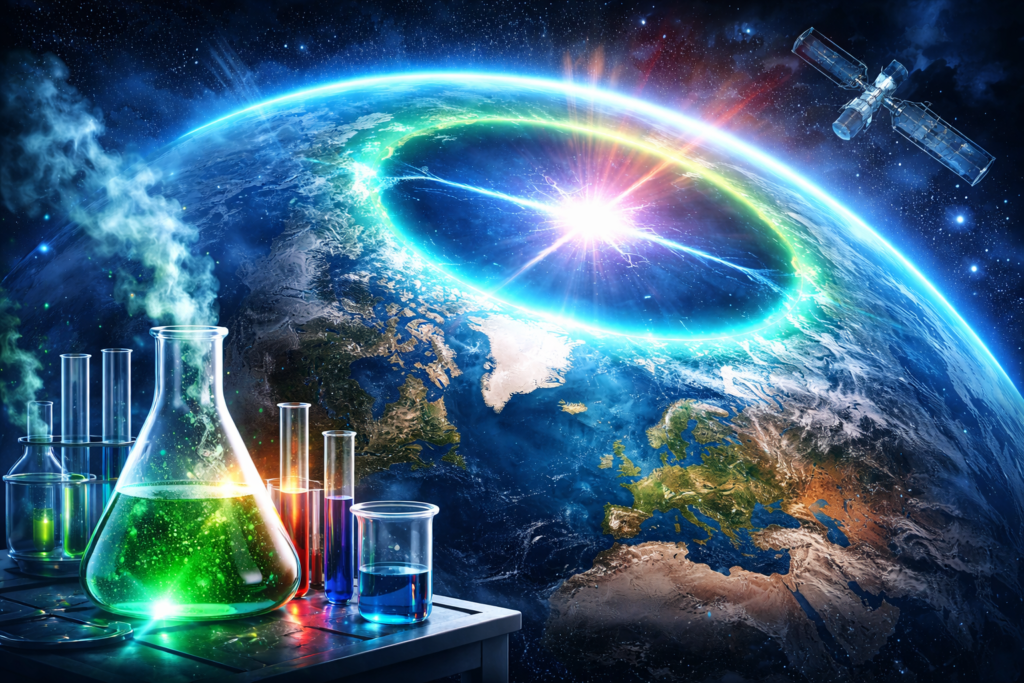 Earth from space showing glowing ozone layer and scientific research concept