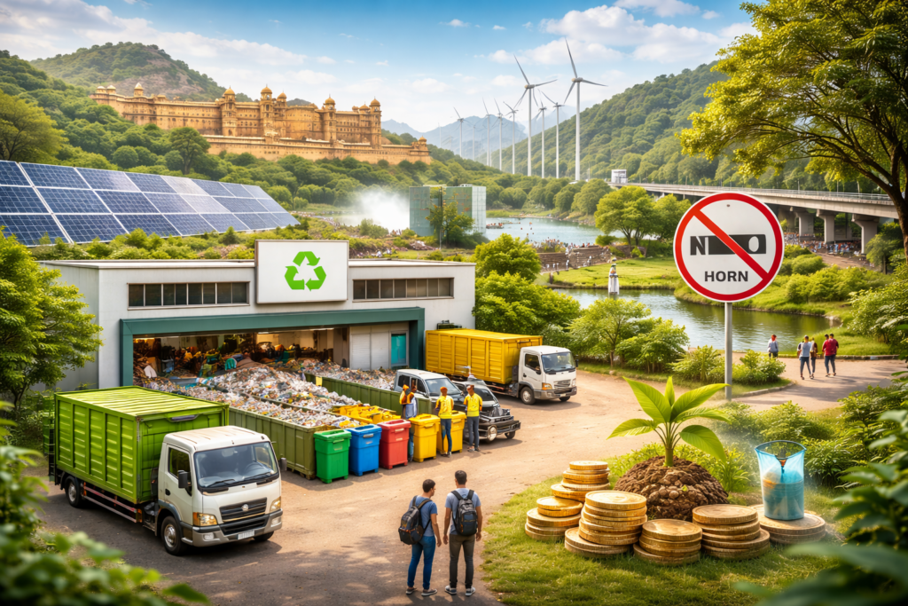 राजस्थान में आधुनिक कचरा प्रबंधन केंद्र, सोलर पैनल, पवन चक्कियां और साइलेंट ज़ोन संकेत बोर्ड – बजट 2026 की पर्यावरण पहल का प्रतीकात्मक दृश्य