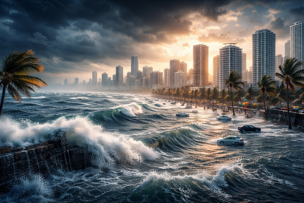 तूफानी मौसम में समुद्र की ऊँची लहरें तटीय शहर की सड़कों और इमारतों को डुबोती हुई दिखाई दे रही हैं।