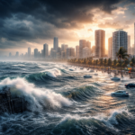 तूफानी मौसम में समुद्र की ऊँची लहरें तटीय शहर की सड़कों और इमारतों को डुबोती हुई दिखाई दे रही हैं।