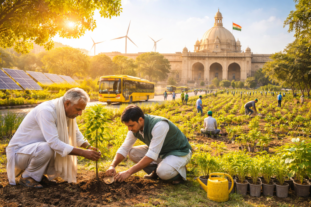 उत्तर प्रदेश में पौधरोपण अभियान के दौरान पेड़ लगाते लोग, पृष्ठभूमि में विधानसभा भवन, सोलर पैनल और इलेक्ट्रिक बस – पर्यावरण बजट 2026-27 का प्रतीकात्मक दृश्य
