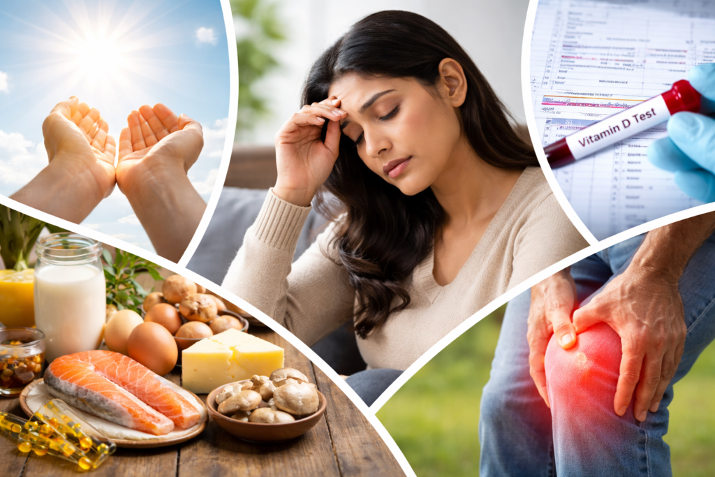 थकी हुई महिला, धूप में हाथ, विटामिन D युक्त भोजन और घुटने के दर्द का दृश्य, जो विटामिन D की कमी से जुड़ी स्वास्थ्य समस्याओं को दर्शाता है