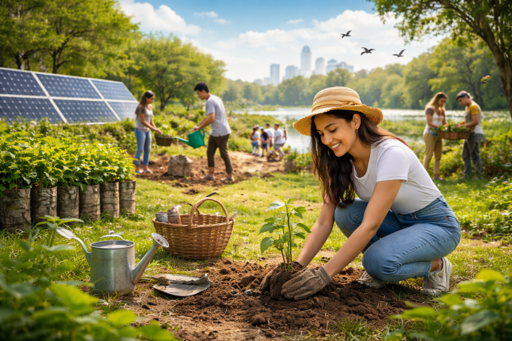 विश्व पर्यावरण दिवस पर पौधरोपण करते लोग, पृष्ठभूमि में सोलर पैनल, पवन चक्कियां और हरित शहर का दृश्य