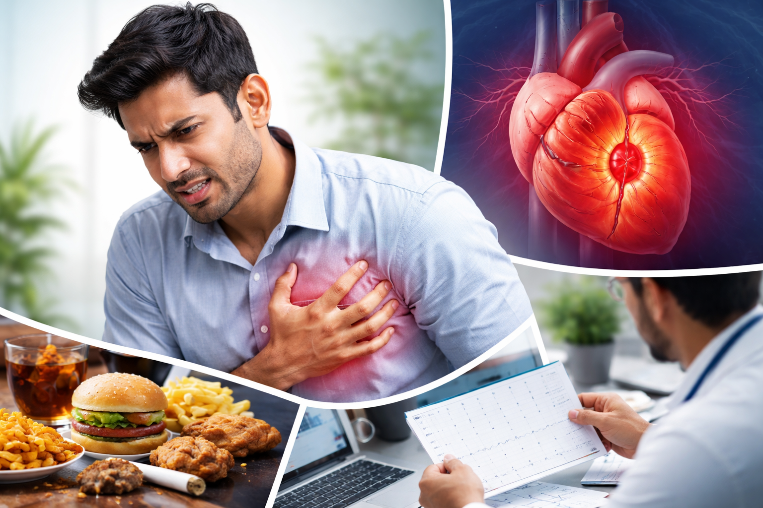 शहर की सड़क पर सीने में दर्द महसूस करता एक युवा पुरुष, जो 2026 में बढ़ते हार्ट अटैक जोखिम को दर्शाता है
